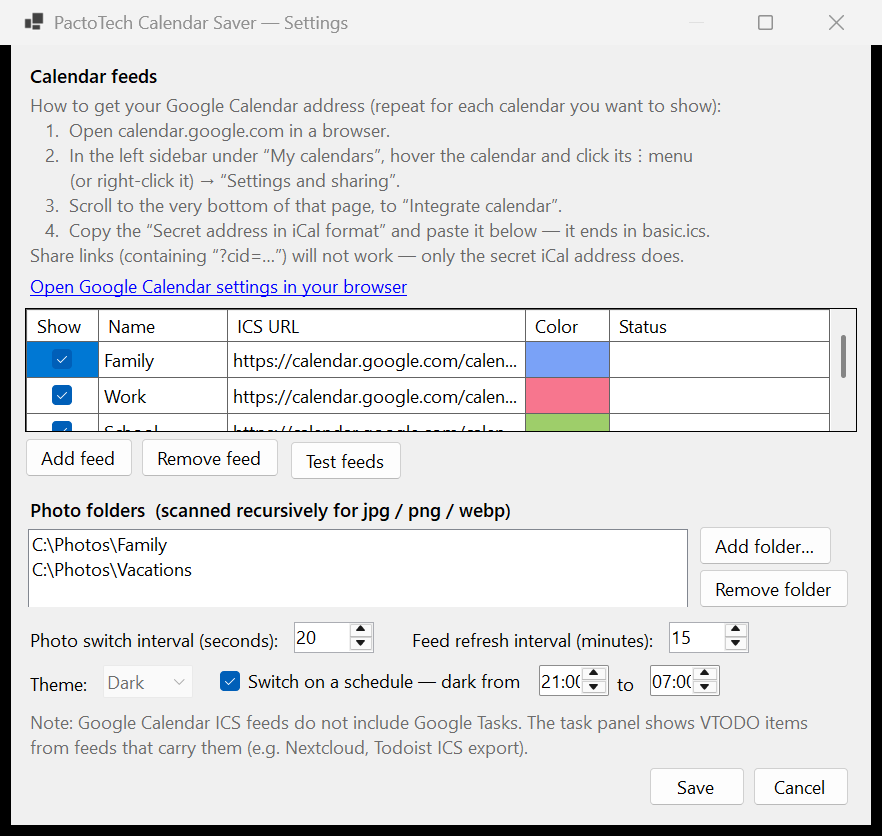 Calendar Saver settings dialog with calendar feed list, photo folders, and theme schedule